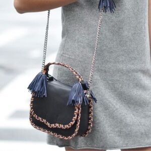 Rebecca Minkoff Black Crossbody Bag with Blue Tassels chase medium